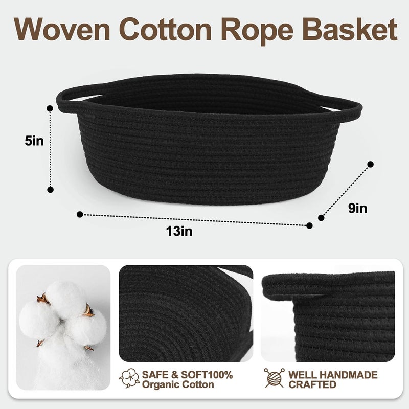 WILLITAT Small Baskets for Gifts Empty, 13"x 9"x 5" Woven Gift Basket with Bag and Ribbon, Cotton Rope Kids Dog Cat Toy Bin Box, Cute Baby Nursery Organizer, Decorative Storage with Handles (Black) - Image 3